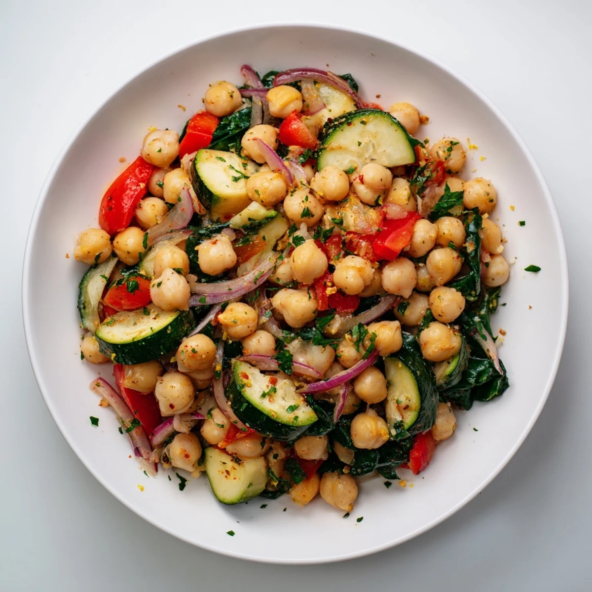 Golden chickpea lemon skillet sizzling with colorful bell peppers and fresh spinach