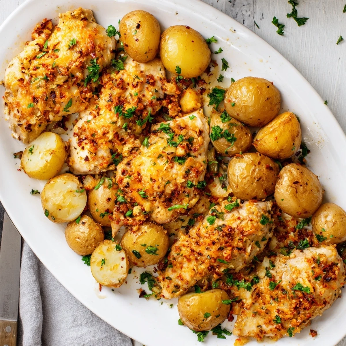 Golden roasted chicken breasts and baby potatoes tossed in garlicky Parmesan coating on a baking sheet