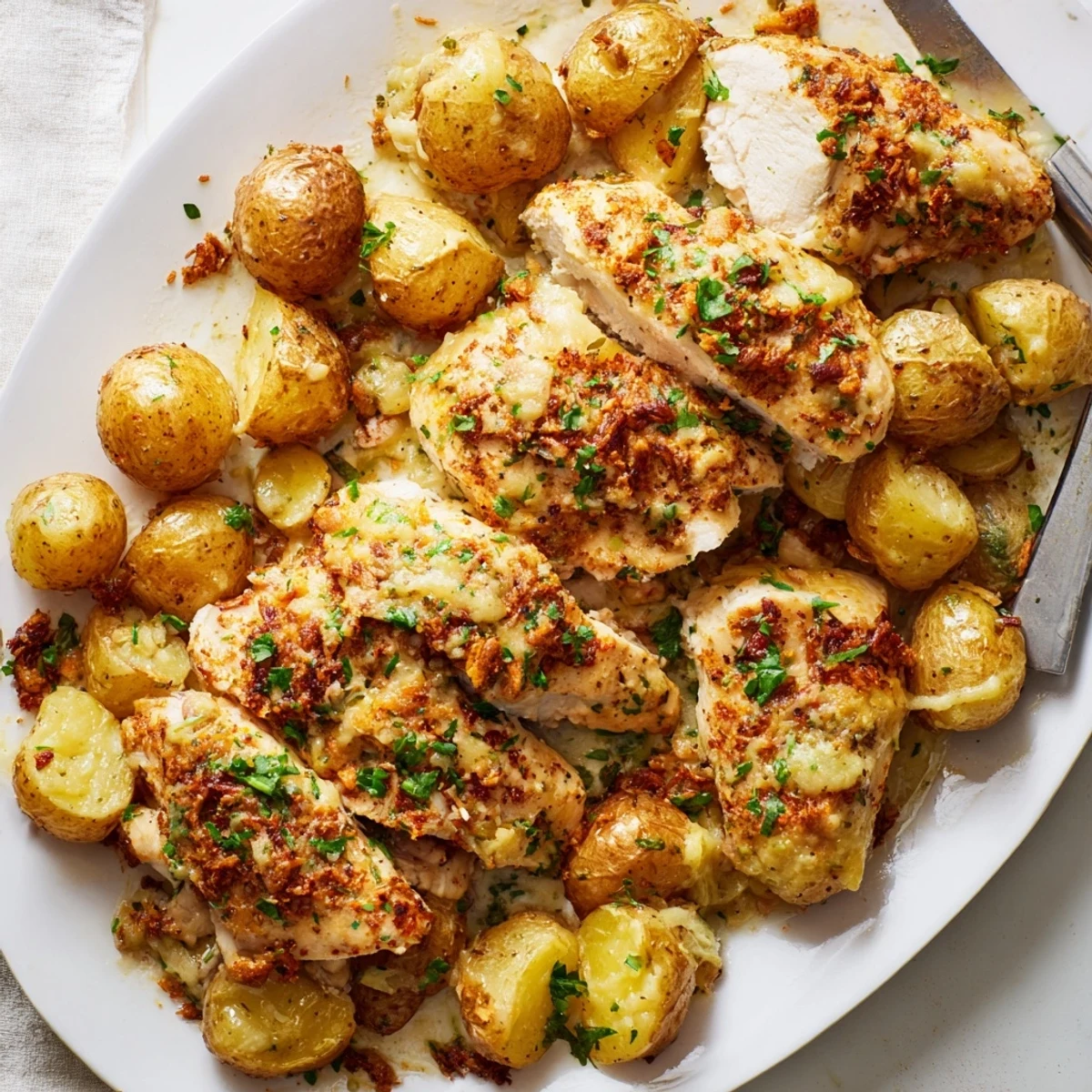 Hearty sheet pan dinner featuring juicy chicken and golden potatoes sprinkled with Italian herbs and garlic