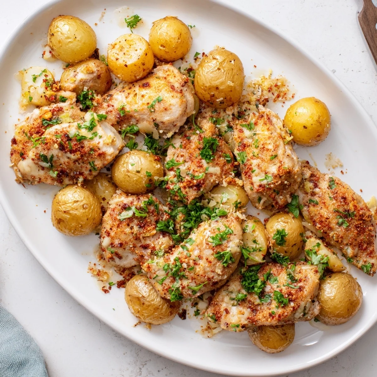 Tender chicken nestled beside crispy potato wedges topped with melted Parmesan and fresh green parsley