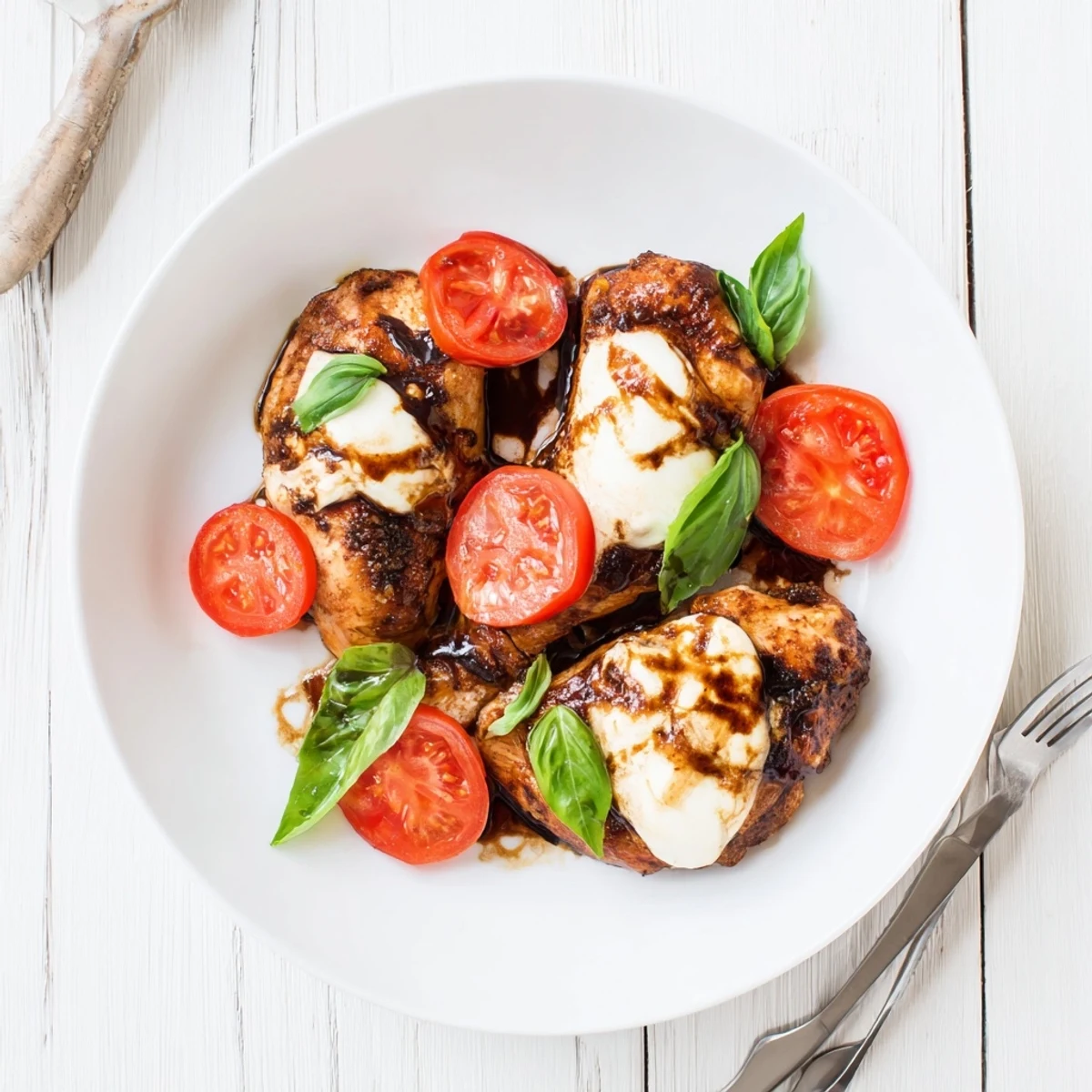 Juicy mozzarella-topped chicken breasts glazed with rich balsamic and garnished with green basil