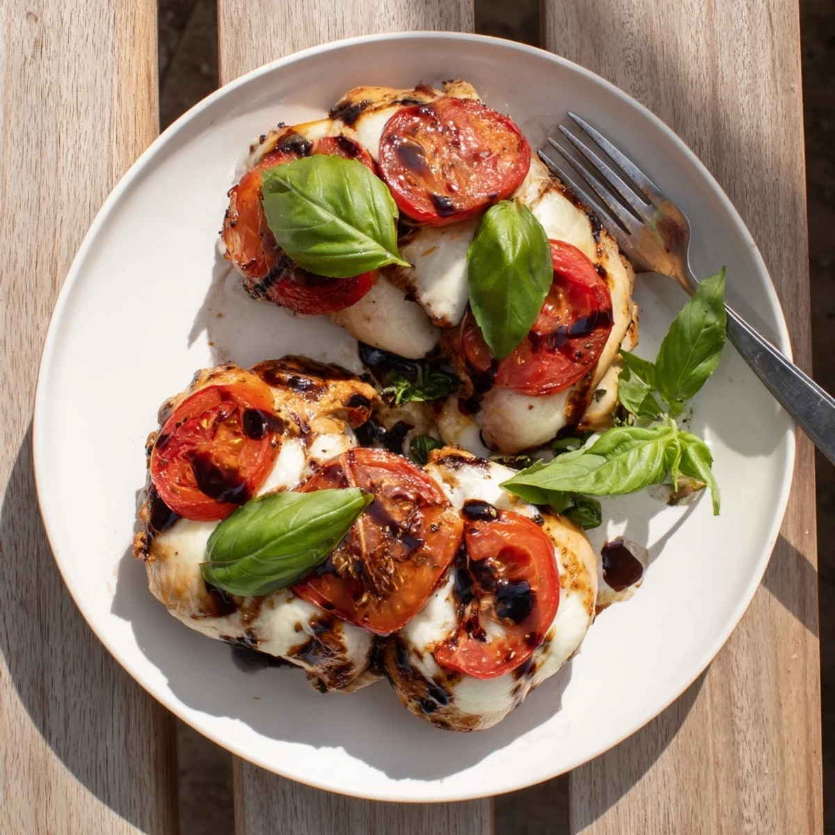 Italian-style baked chicken breast featuring bubbly mozzarella cheese and a sweet balsamic glaze