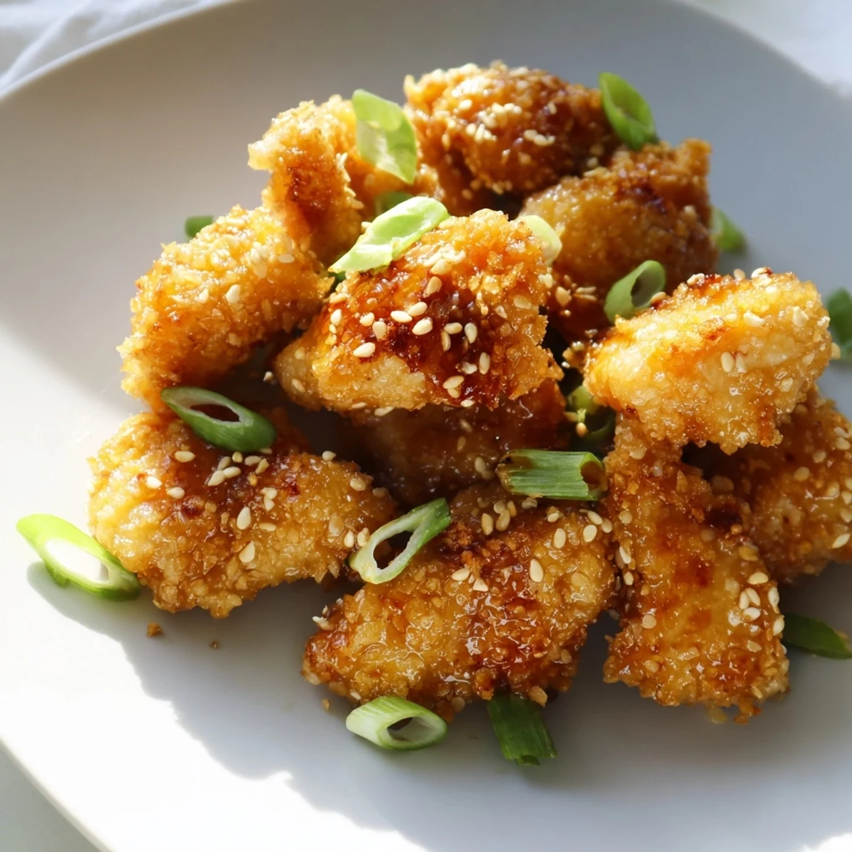 Golden brown Hawaiian Mochiko Chicken pieces arranged on a white serving platter with fresh green onion sprinkles