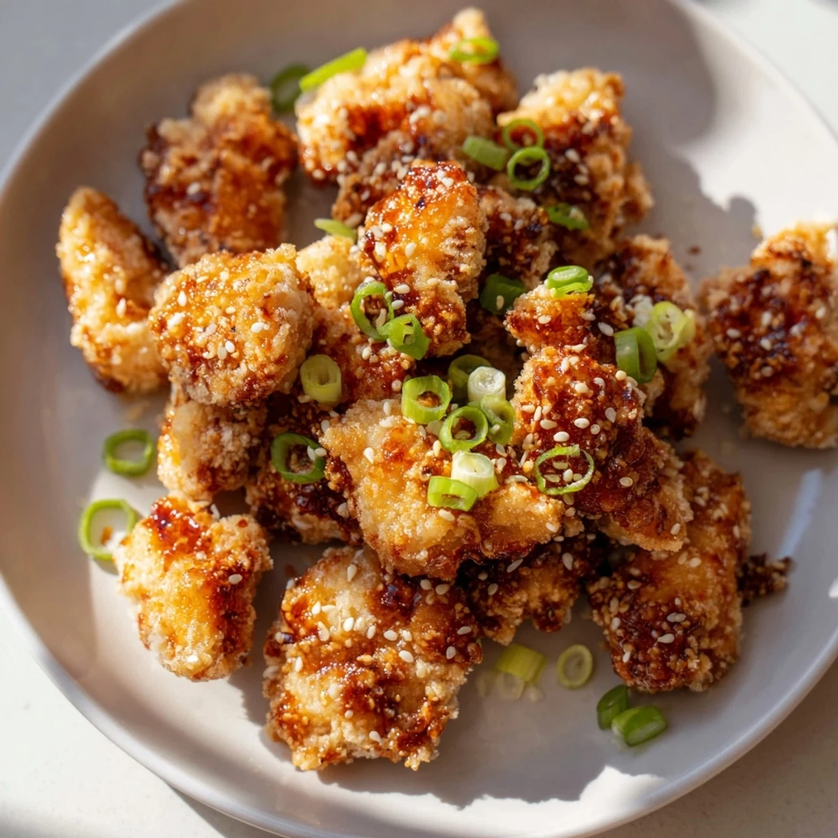 Plate of crispy Hawaiian Mochiko Chicken garnished with toasted sesame seeds and lemon wedges