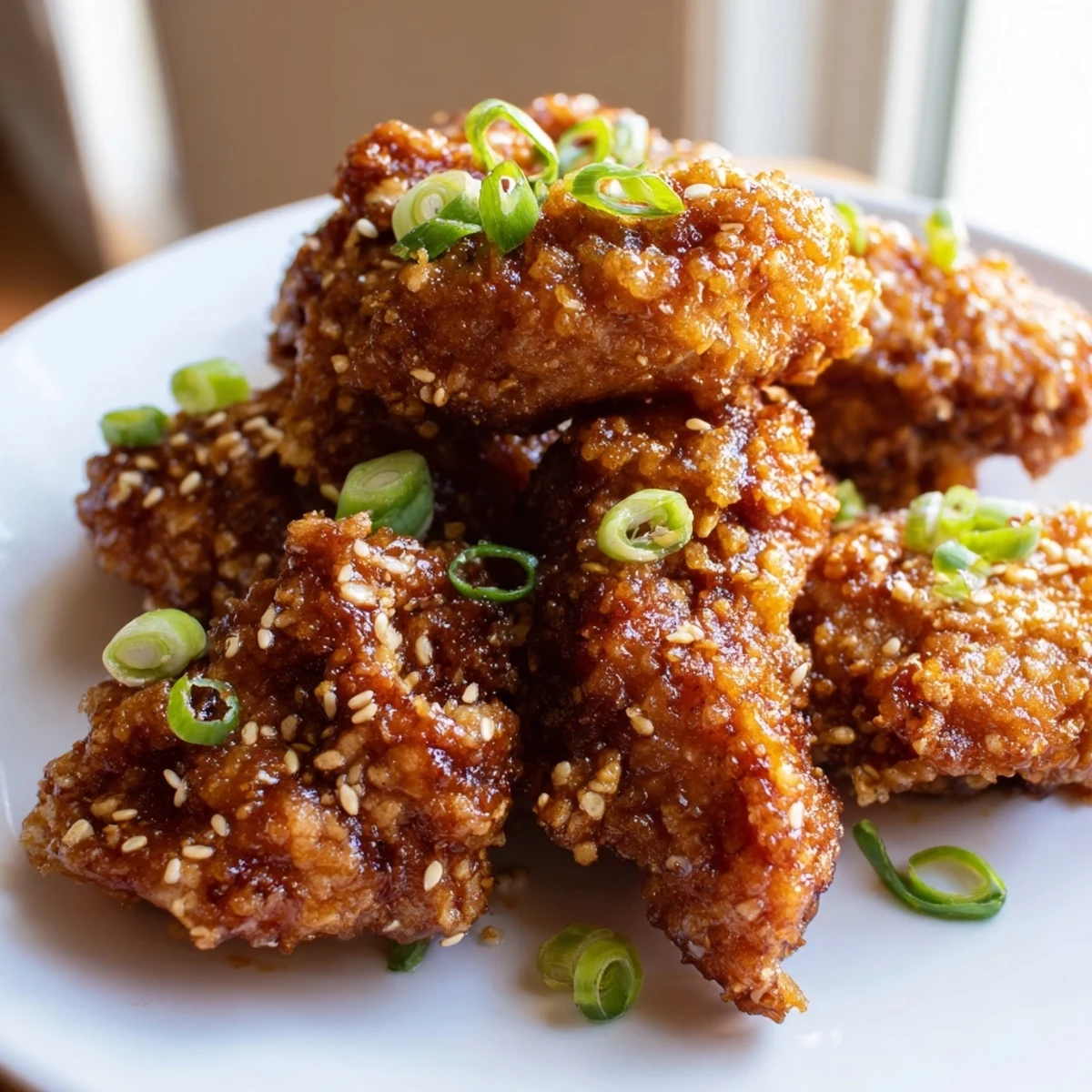 Deep-fried Hawaiian Mochiko Chicken drum bites with crispy rice flour coating on a wooden board