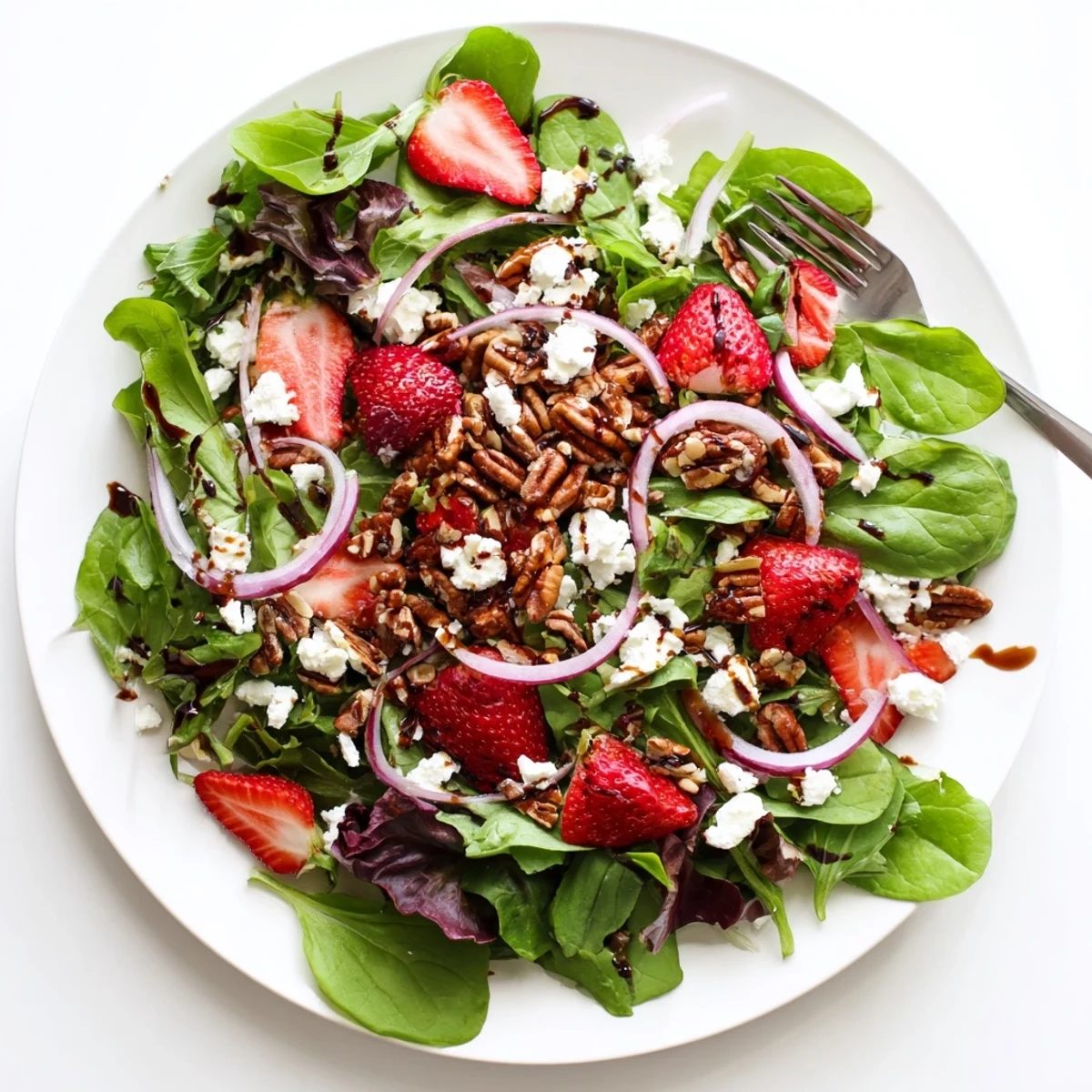 Fresh Strawberry Fields Salad bowl featuring sliced strawberries, goat cheese, and toasted pecans on mixed greens