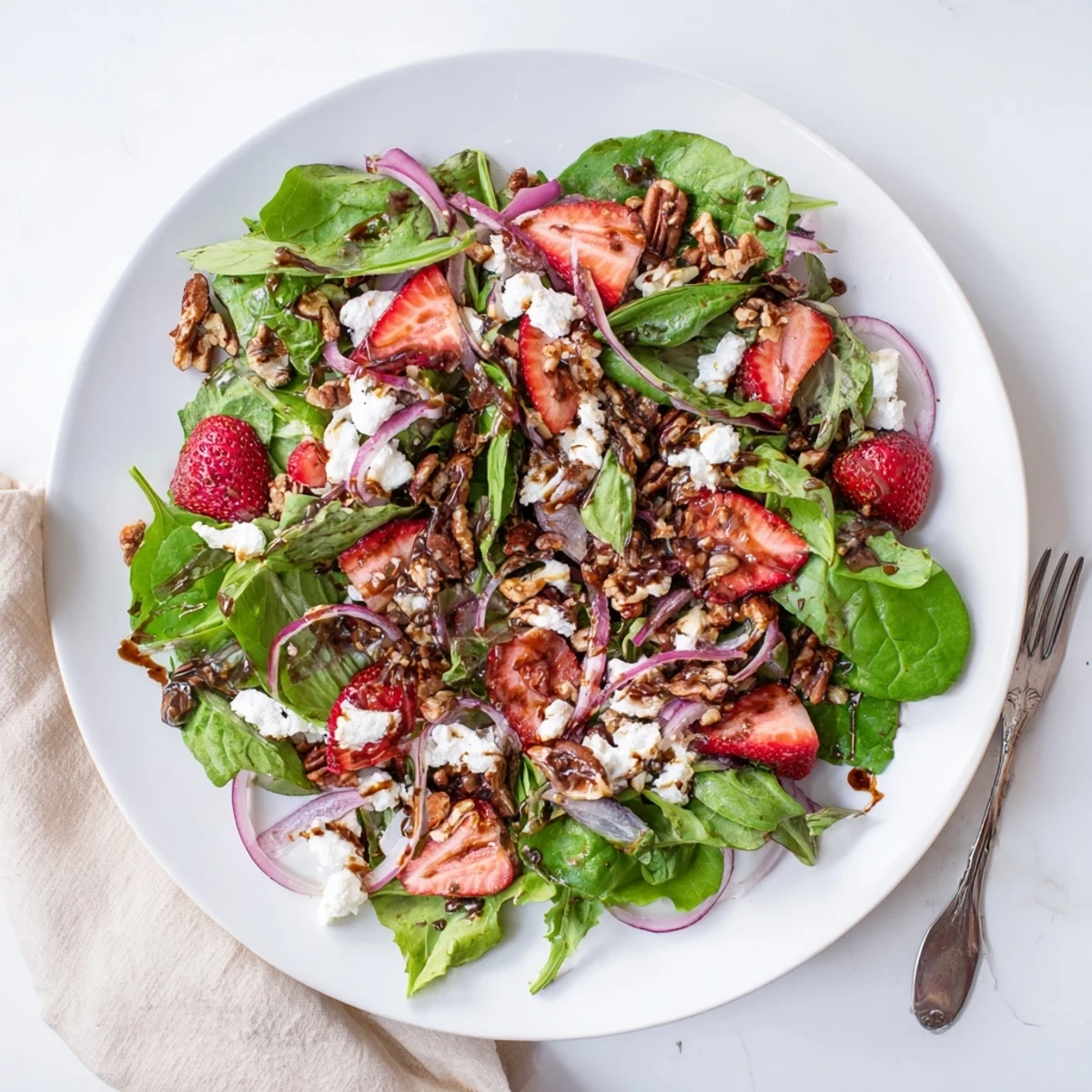 Summer Strawberry Fields Salad topped with sweet berries, red onion, and crunchy walnuts in a rustic wooden bowl