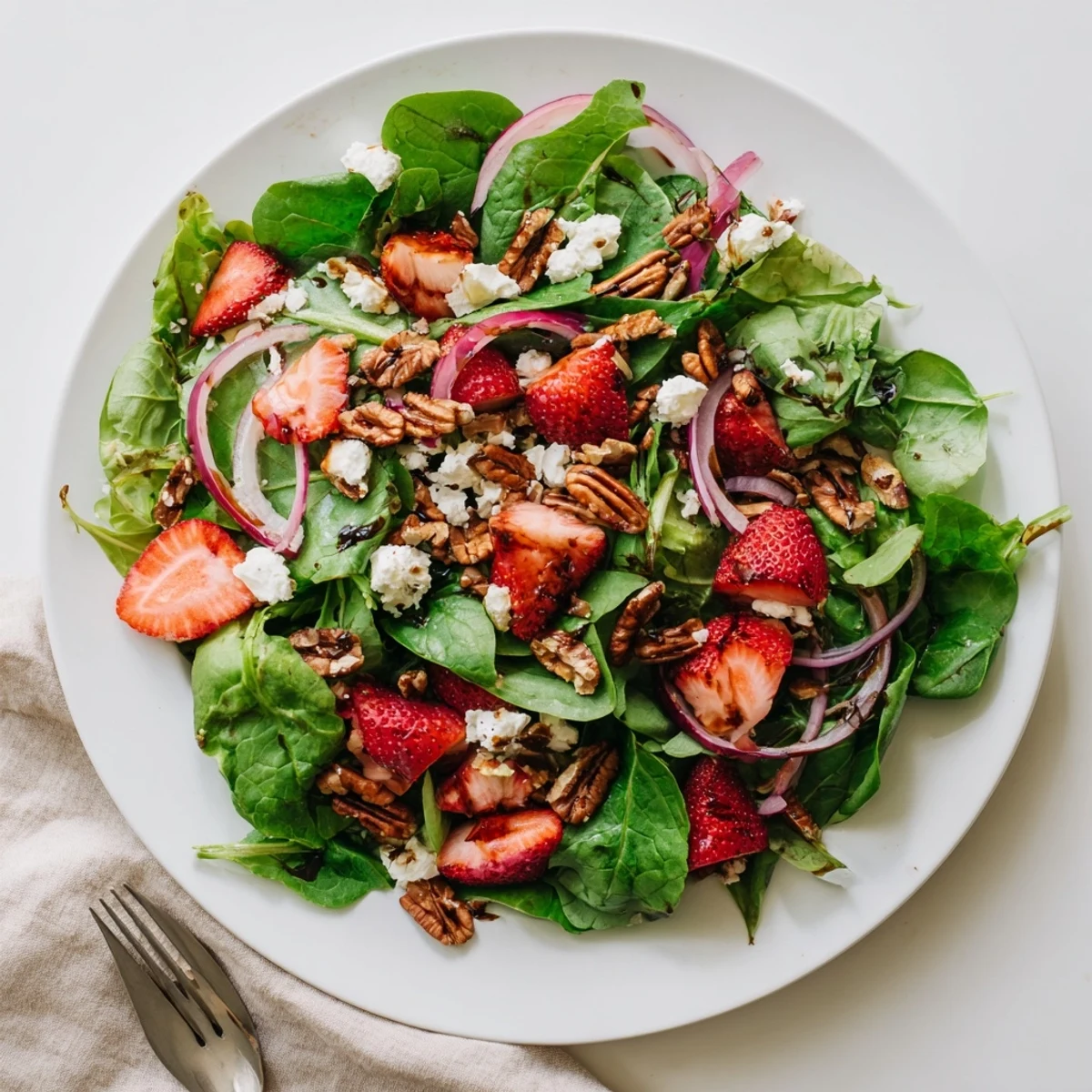 Colorful Strawberry Fields Salad arranged on a white plate with vibrant red strawberries and creamy crumbled cheese