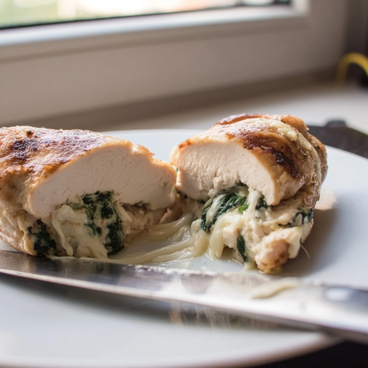 Golden baked ricotta chicken with melted mozzarella and fresh spinach filling