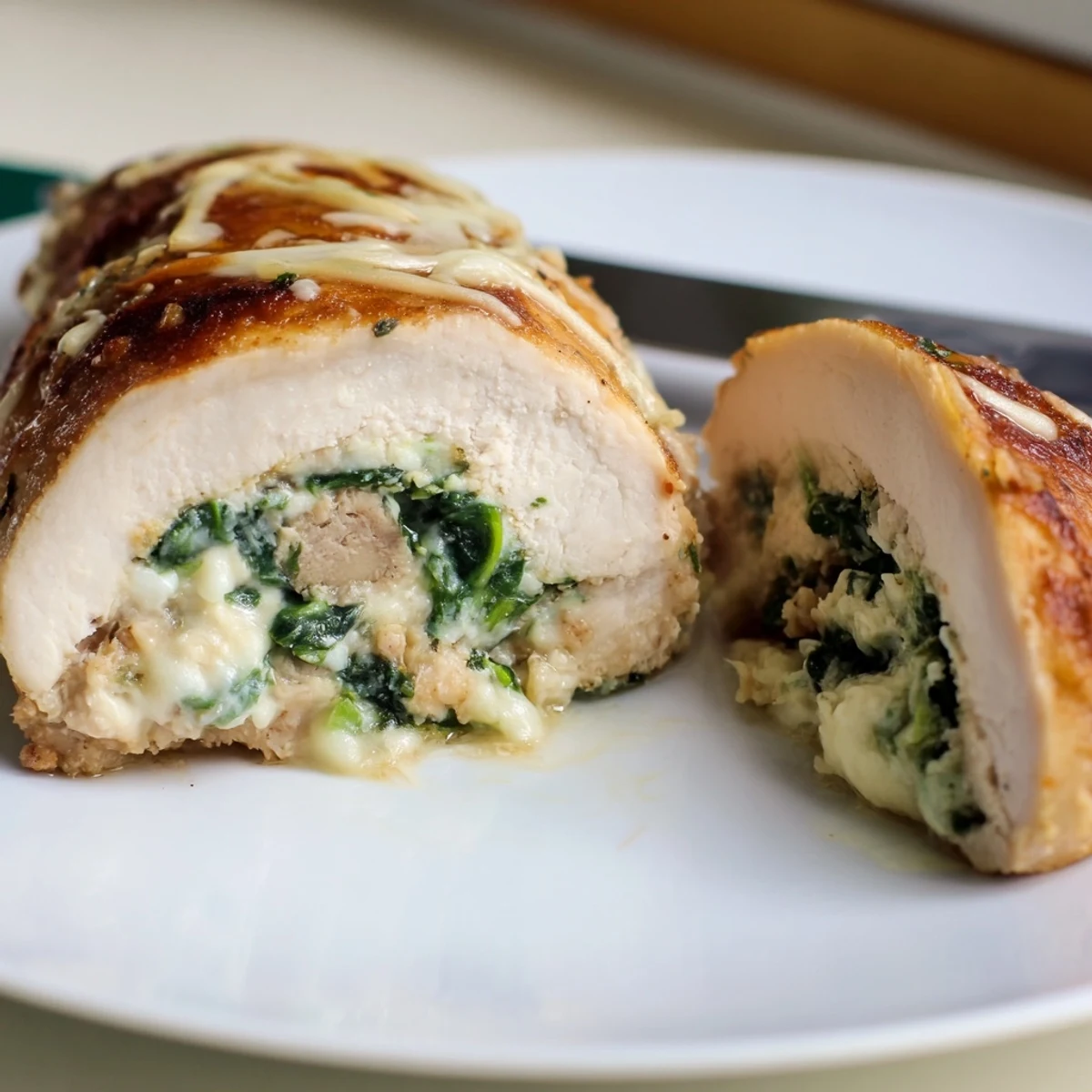 Juicy stuffed chicken breasts filled with creamy ricotta and herbs on a white plate