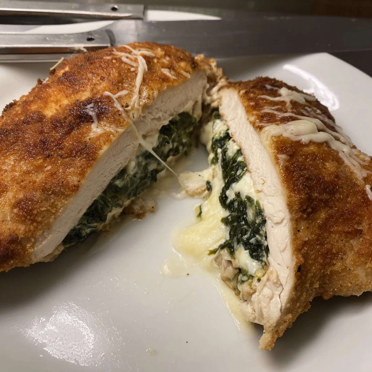 Savory Italian baked ricotta chicken served with roasted vegetables and golden cheese topping