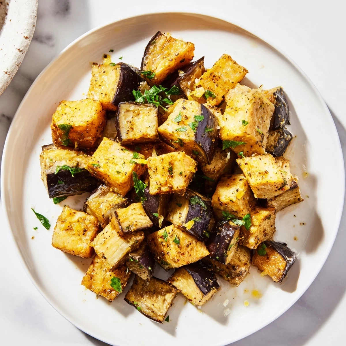 Golden brown low calorie air fryer eggplant cubes arranged on a white serving plate with fresh parsley garnish