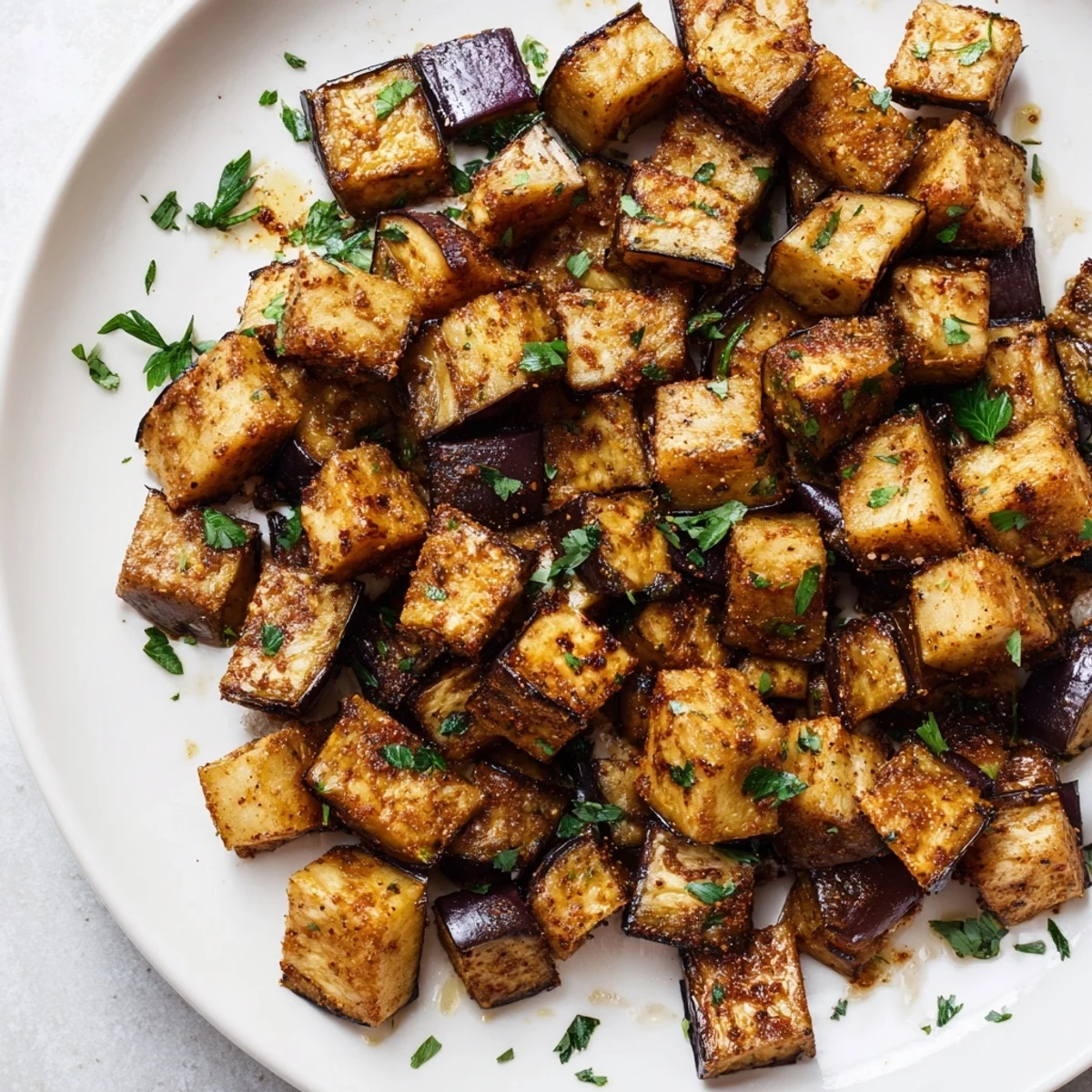 Bowl of seasoned low calorie air fryer eggplant cubes dusted with smoked paprika and oregano ready to serve