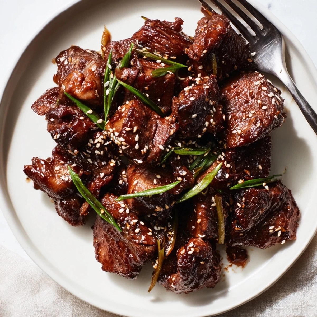 Golden garlic miso chicken thighs caramelized to perfection with sesame seed garnish