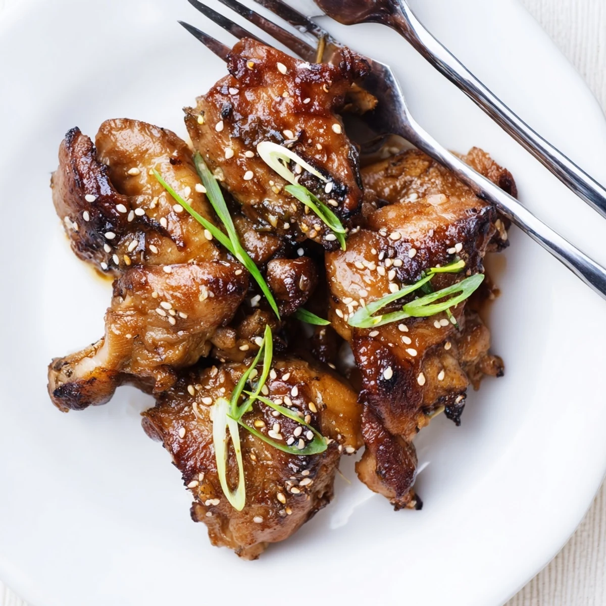 Juicy chicken thighs glazed in savory garlic miso marinade with spring onion topping