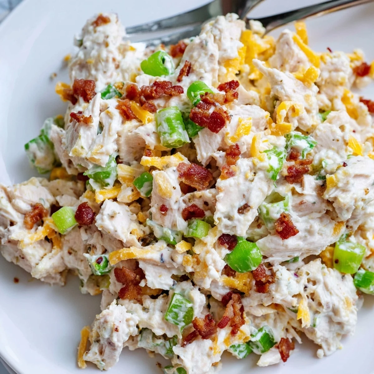 Creamy low carb jalapeno popper cottage cheese chicken salad with crispy bacon crumbles