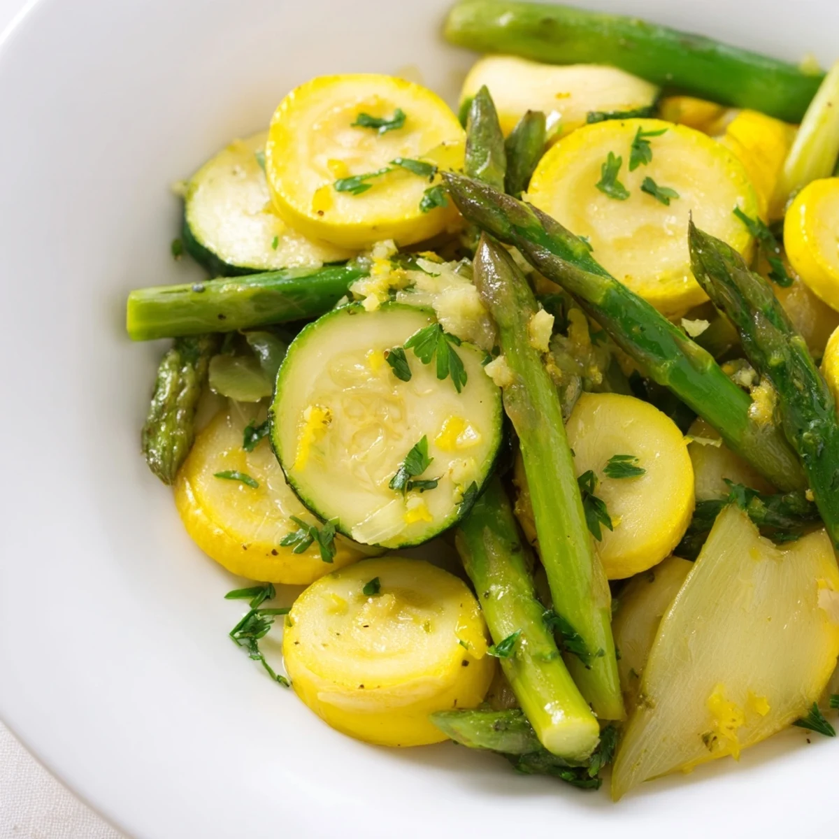 Golden skillet of flavorful asparagus with zucchini and squash drizzled with lemon and garlic