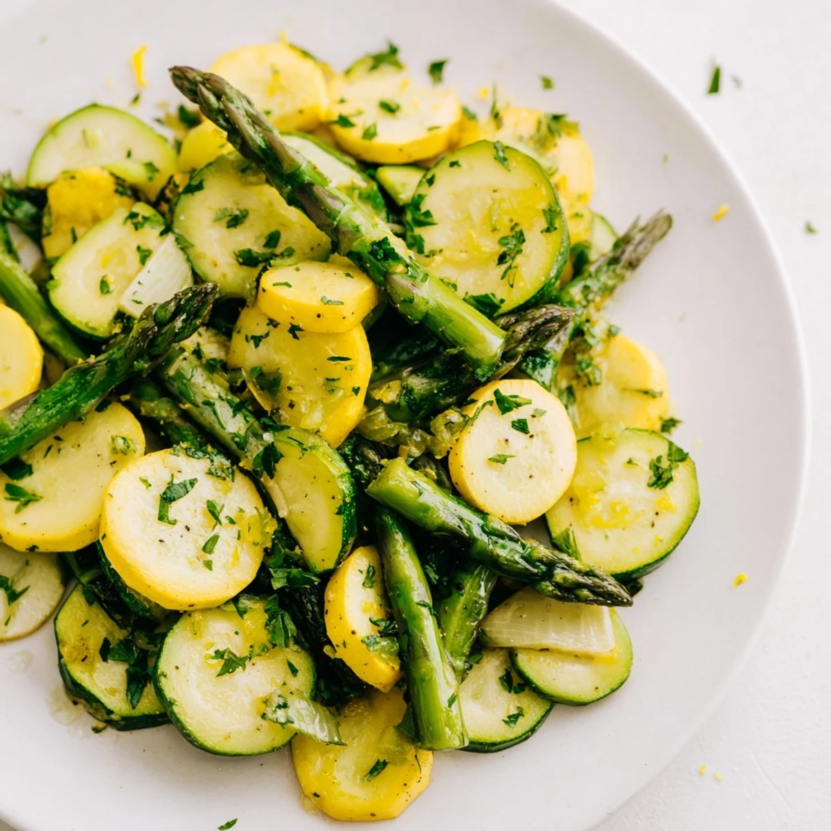 Mediterranean style vegetable medley showcasing colorful asparagus zucchini and squash with parsley garnish
