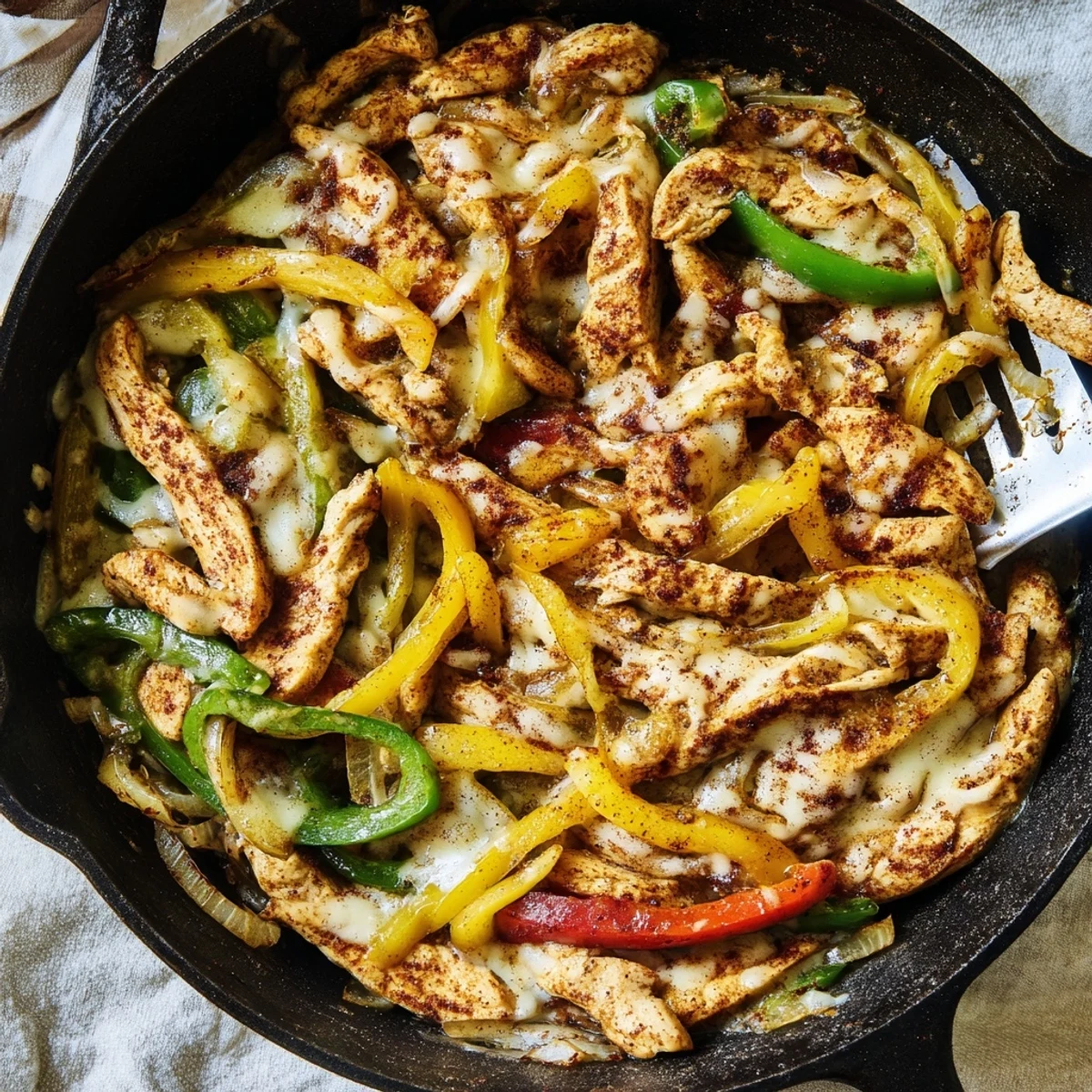 Golden chicken cheesesteak skillet bubbling with melted provolone over caramelized peppers and onions