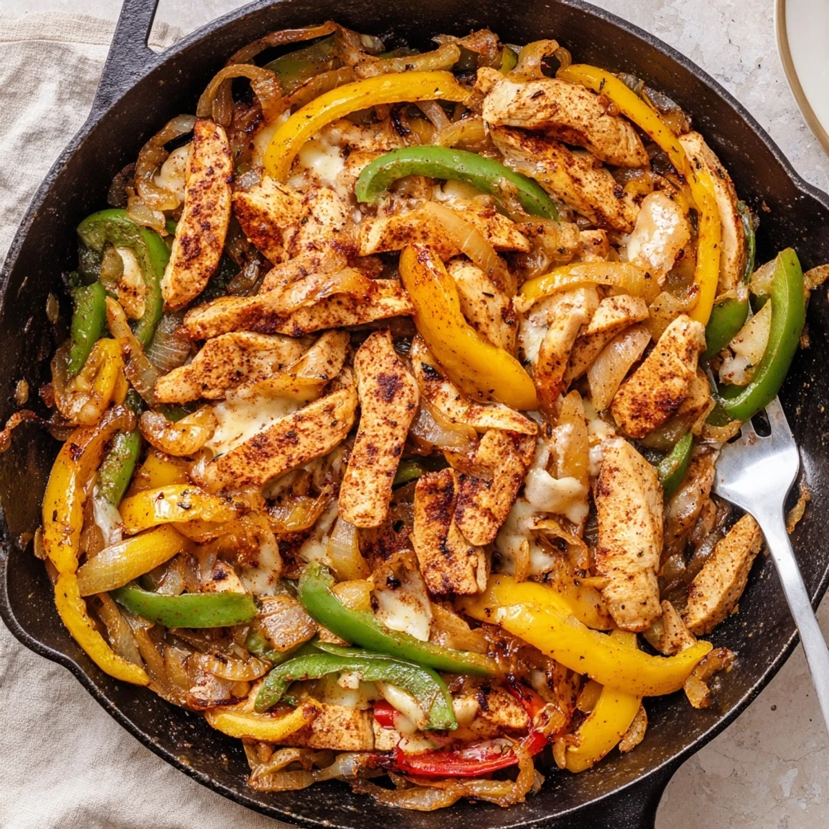 One-pan chicken cheesesteak skillet featuring tender sliced chicken with colorful sautéed vegetables and gooey cheese