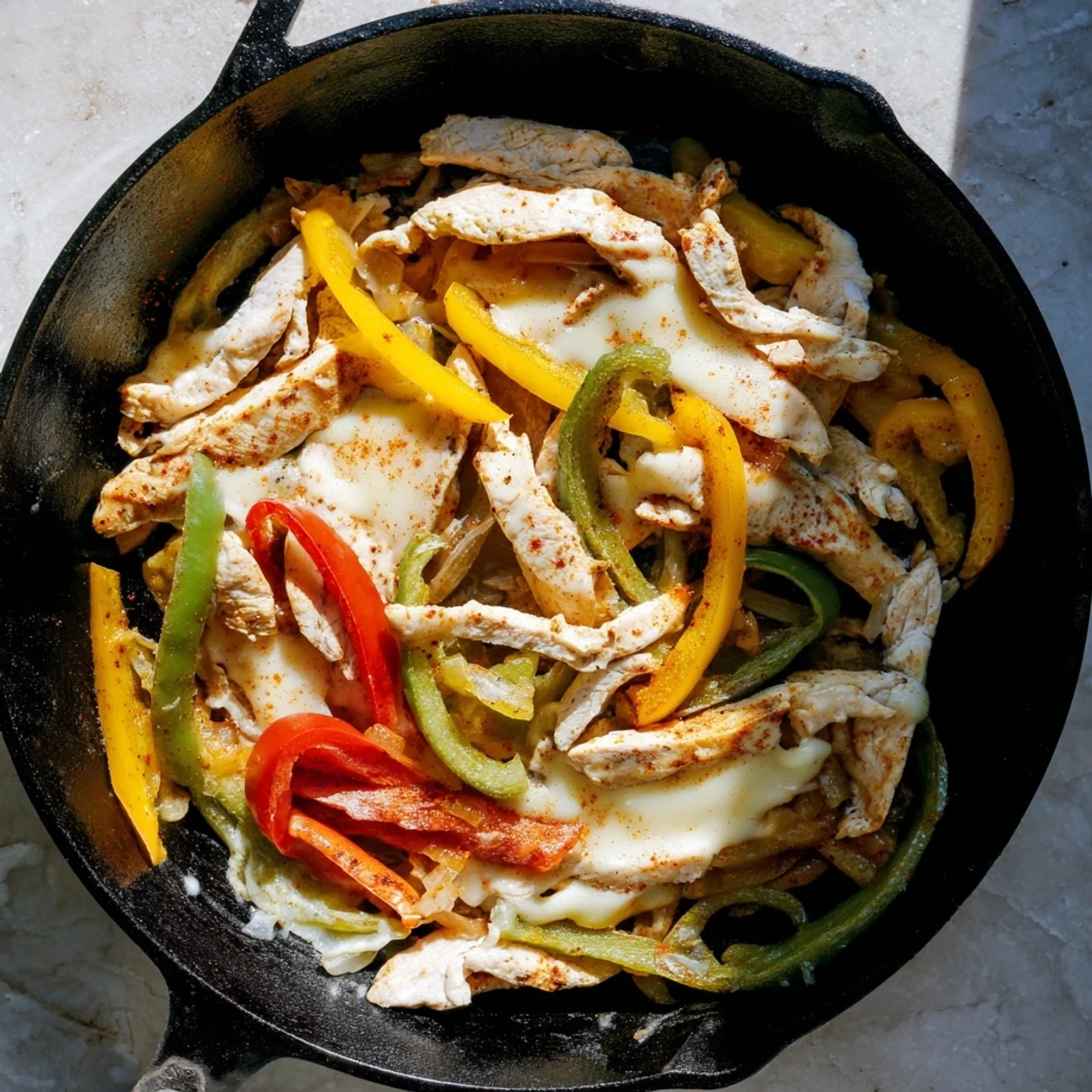 Sizzling chicken cheesesteak skillet in a cast iron pan topped with melting provolone and vibrant peppers