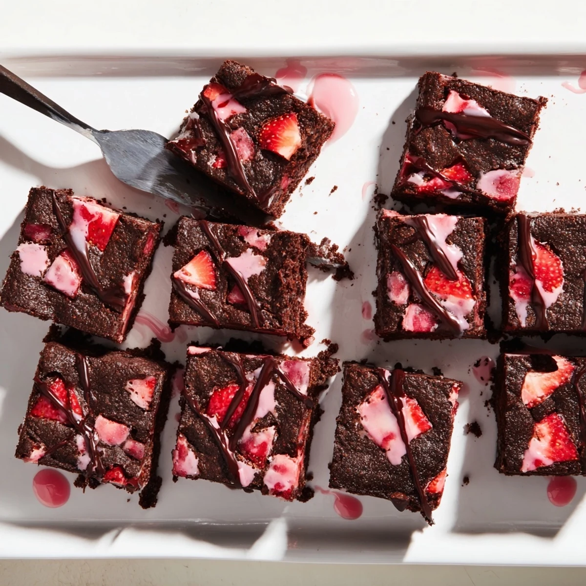Fudgy homemade easy strawberry brownies topped with sweet pink glaze on a white plate.