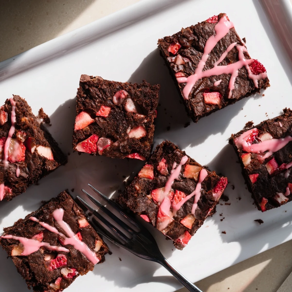 Fresh strawberry pieces swirled through chocolate easy strawberry brownies in a square baking pan.