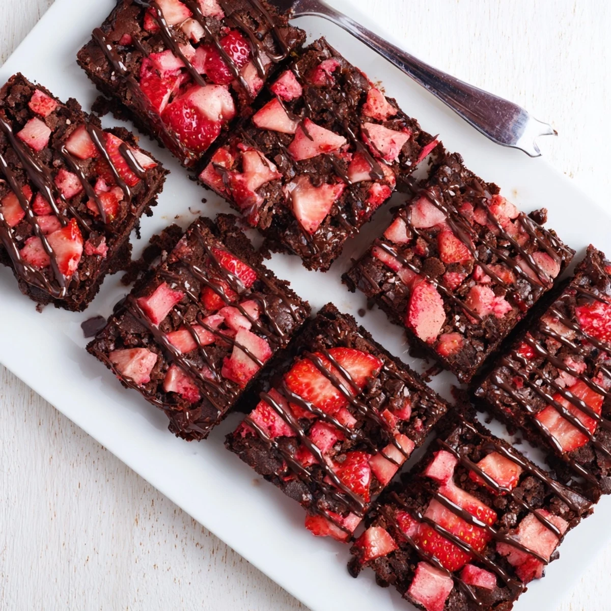 Rich cocoa easy strawberry brownies drizzled with strawberry glaze, cut into bite-sized squares.