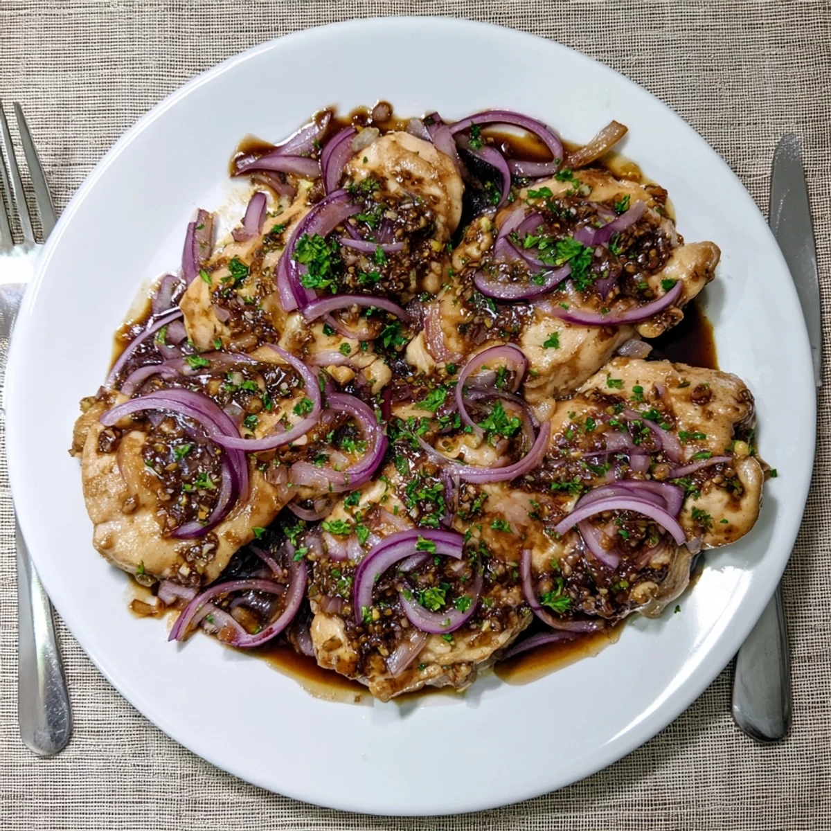 Golden balsamic chicken pieces arranged on a platter with thickened sauce drizzled over fresh parsley topping