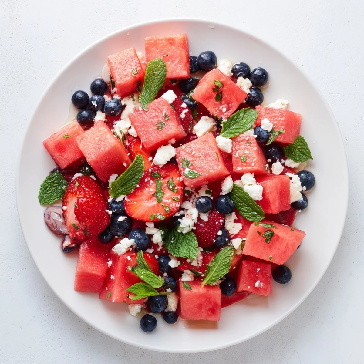Fresh strawberry watermelon salad with honey lime vinaigrette displayed in a white bowl, topped with crumbled feta and mint