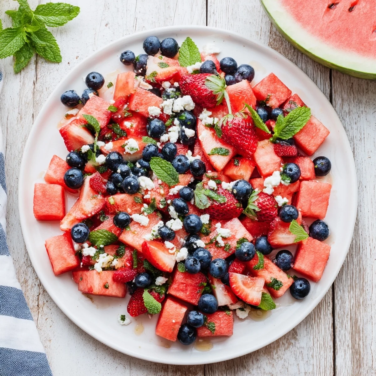 Colorful strawberry watermelon salad with honey lime vinaigrette featuring juicy red fruit cubes and bright green mint garnish