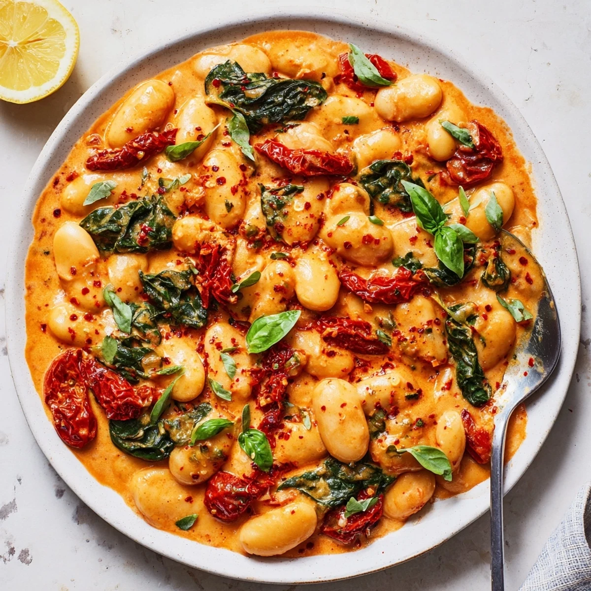 Creamy Greek yogurt marry me butter beans in rich tomato sauce with fresh basil garnish