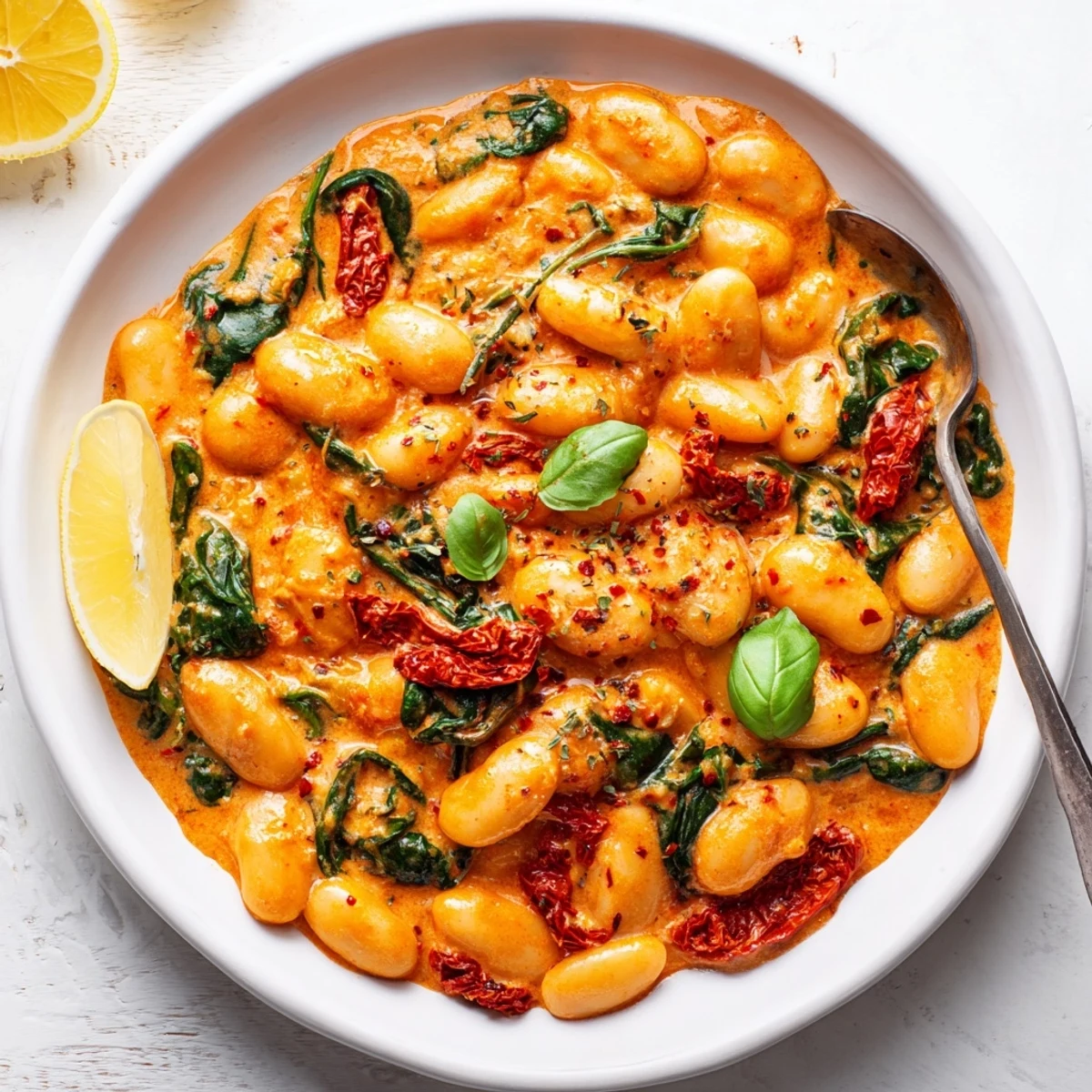 Heating skillet of butter beans mixed with Greek yogurt and cherry tomatoes in Mediterranean sauce