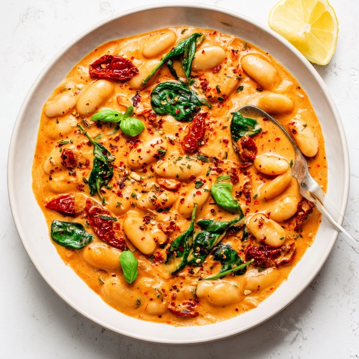 Golden butter beans simmered with sun-dried tomatoes and spinach in tangy Greek yogurt sauce