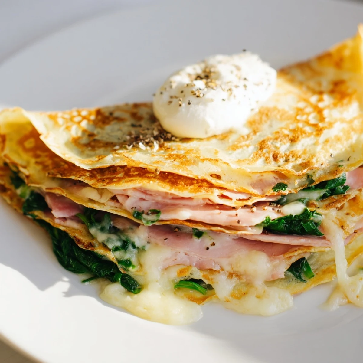Golden savory crepes filled with melted Gruyère cheese, spinach, and ham, ready to serve