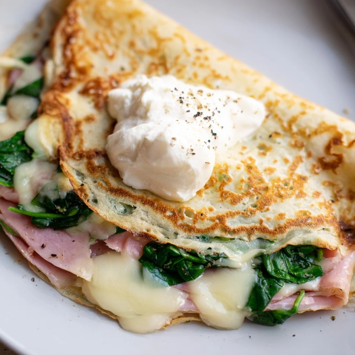 Delicate French savory crepes folded over cheesy spinach and ham filling, plated for brunch