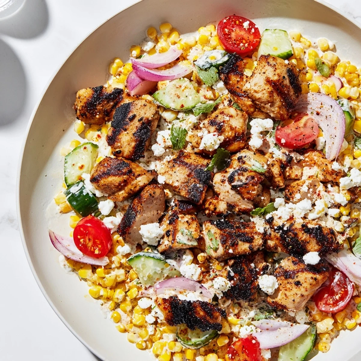 Golden street corn creamy cucumber chicken salad with grilled chicken, charred corn, fresh vegetables, and tangy lime dressing in a white bowl