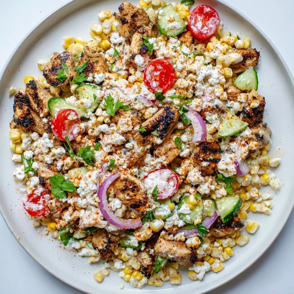 Colorful bowl of street corn creamy cucumber chicken salad topped with cotija cheese, cilantro, juicy tomatoes, and crisp cucumber chunks