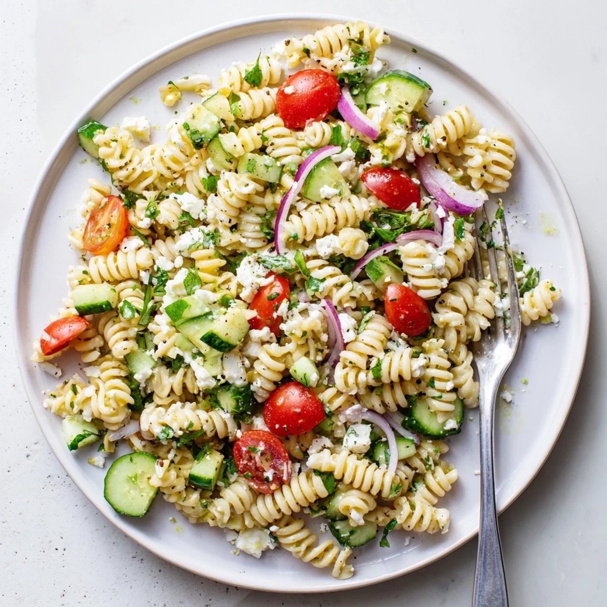 Fresh lemon pasta salad featuring fusilli noodles, cucumber, red onion, and herbs in a tangy citrus dressing