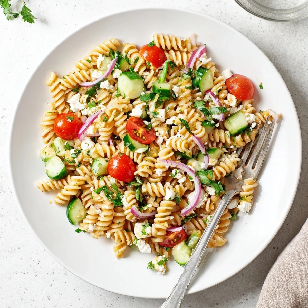 Colorful lemon pasta salad mounded in a white serving bowl, topped with cherry tomatoes and crumbled feta