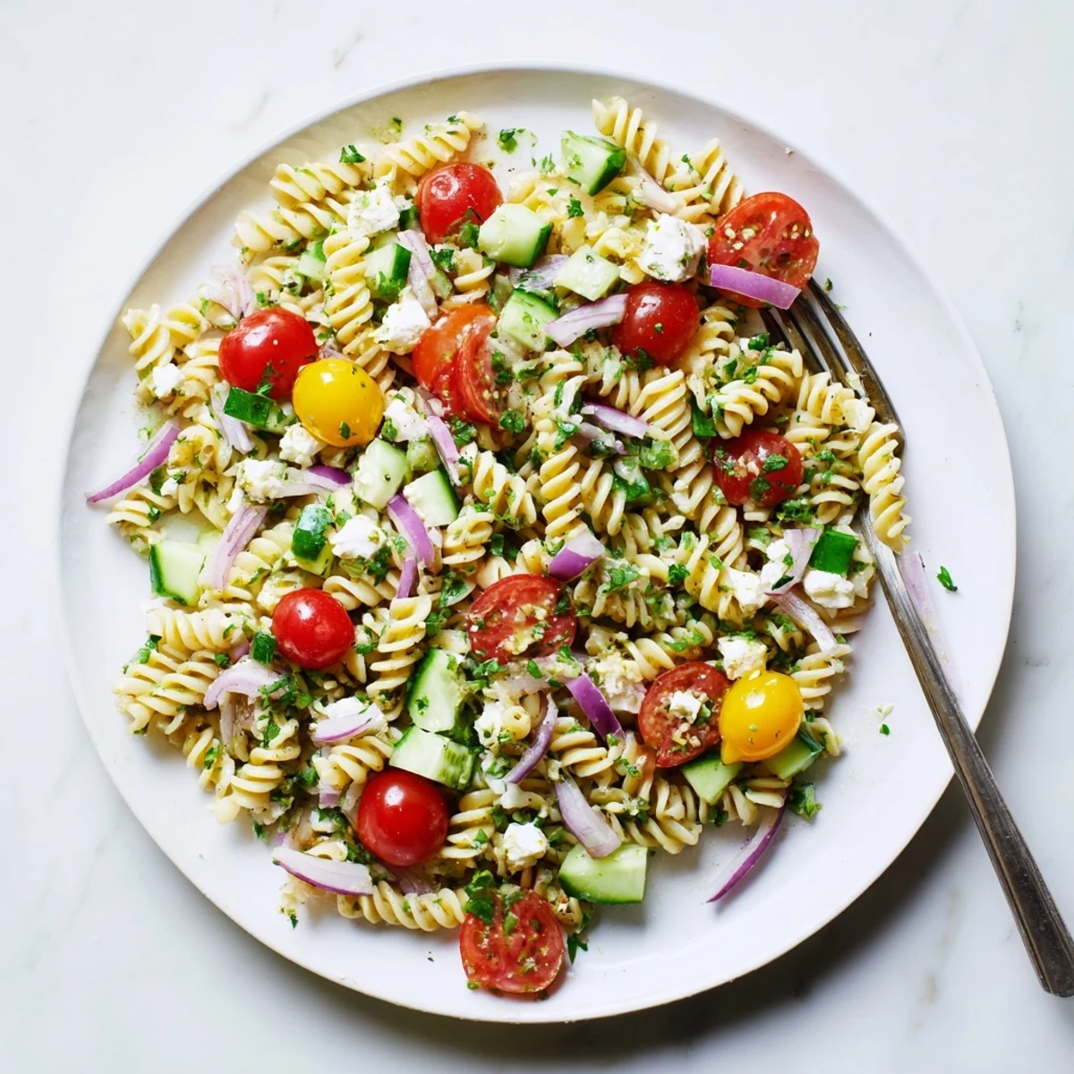 Close-up of refreshing lemon pasta salad with crisp vegetables and aromatic basil parsley garnish on a rustic wooden table
