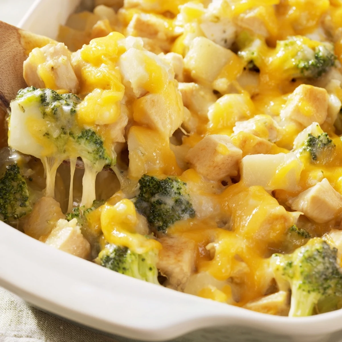 Golden baked potato chicken broccoli casserole with melted cheddar and tender vegetables