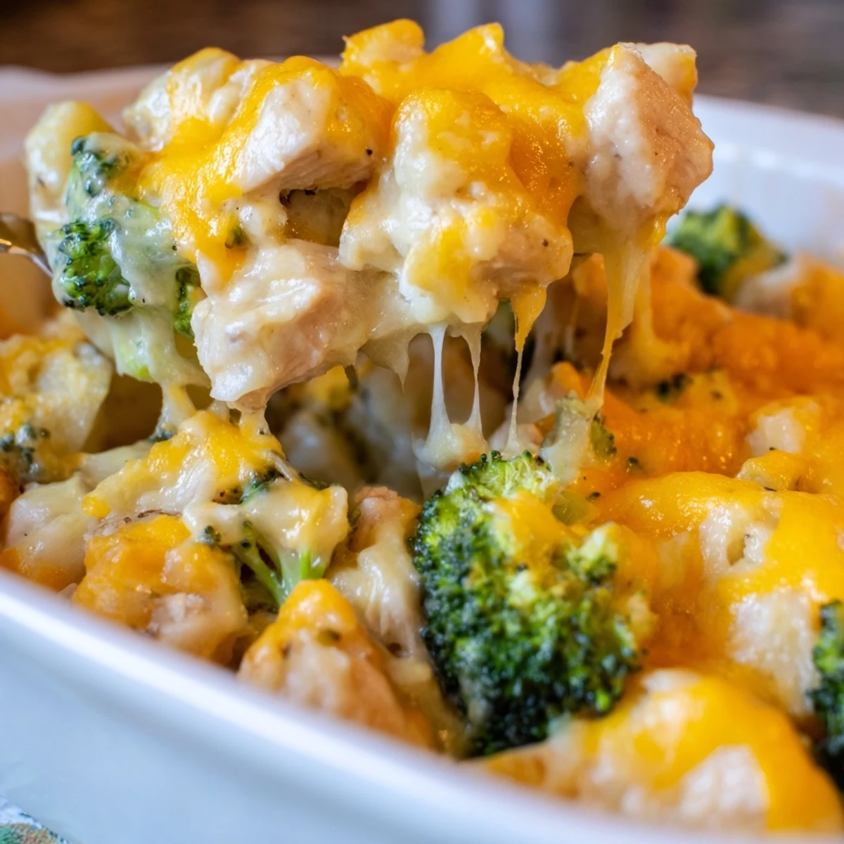 Creamy potato chicken broccoli casserole fresh from the oven with bubbling cheese topping