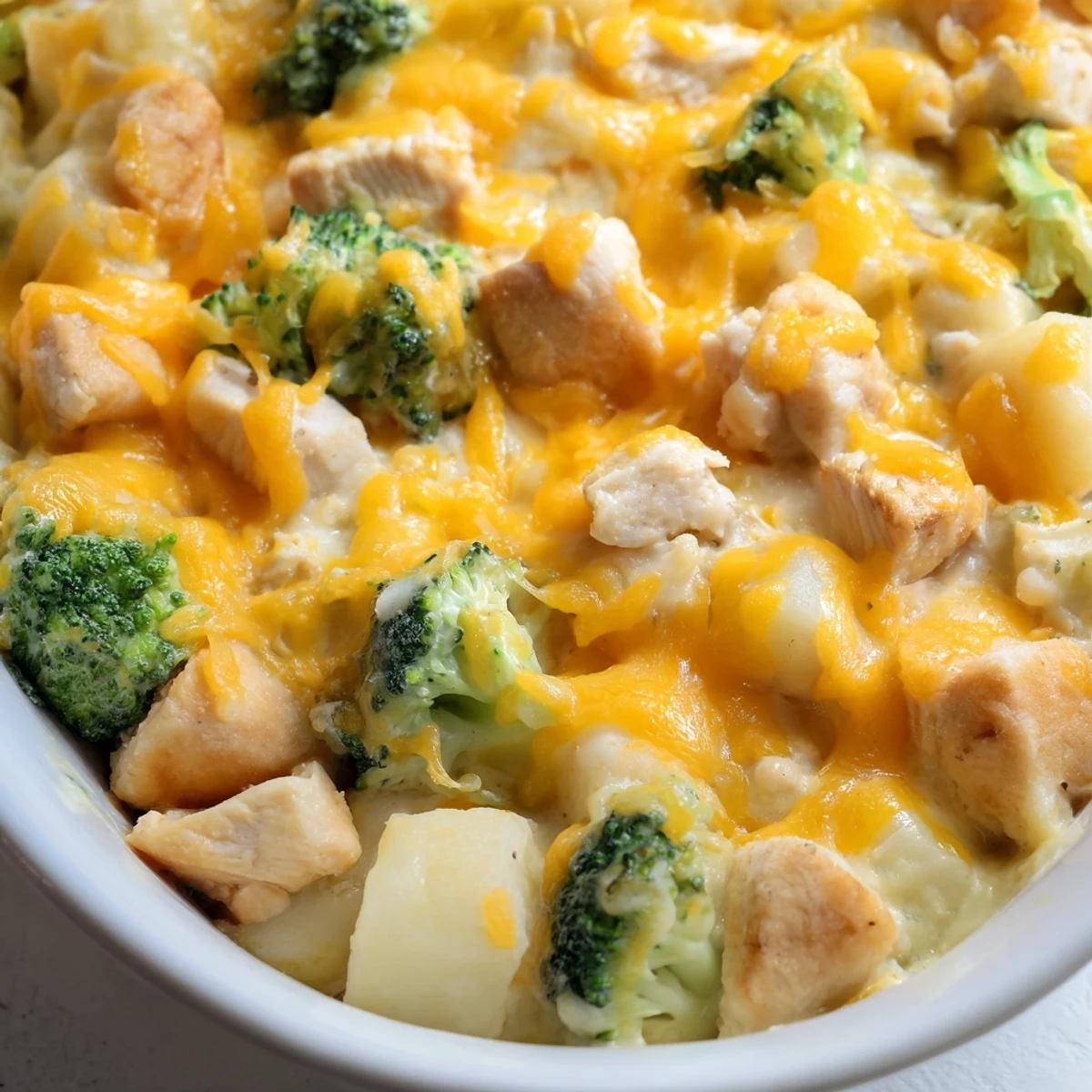 Hearty baked potato chicken broccoli casserole featuring fluffy potatoes and vibrant green florets