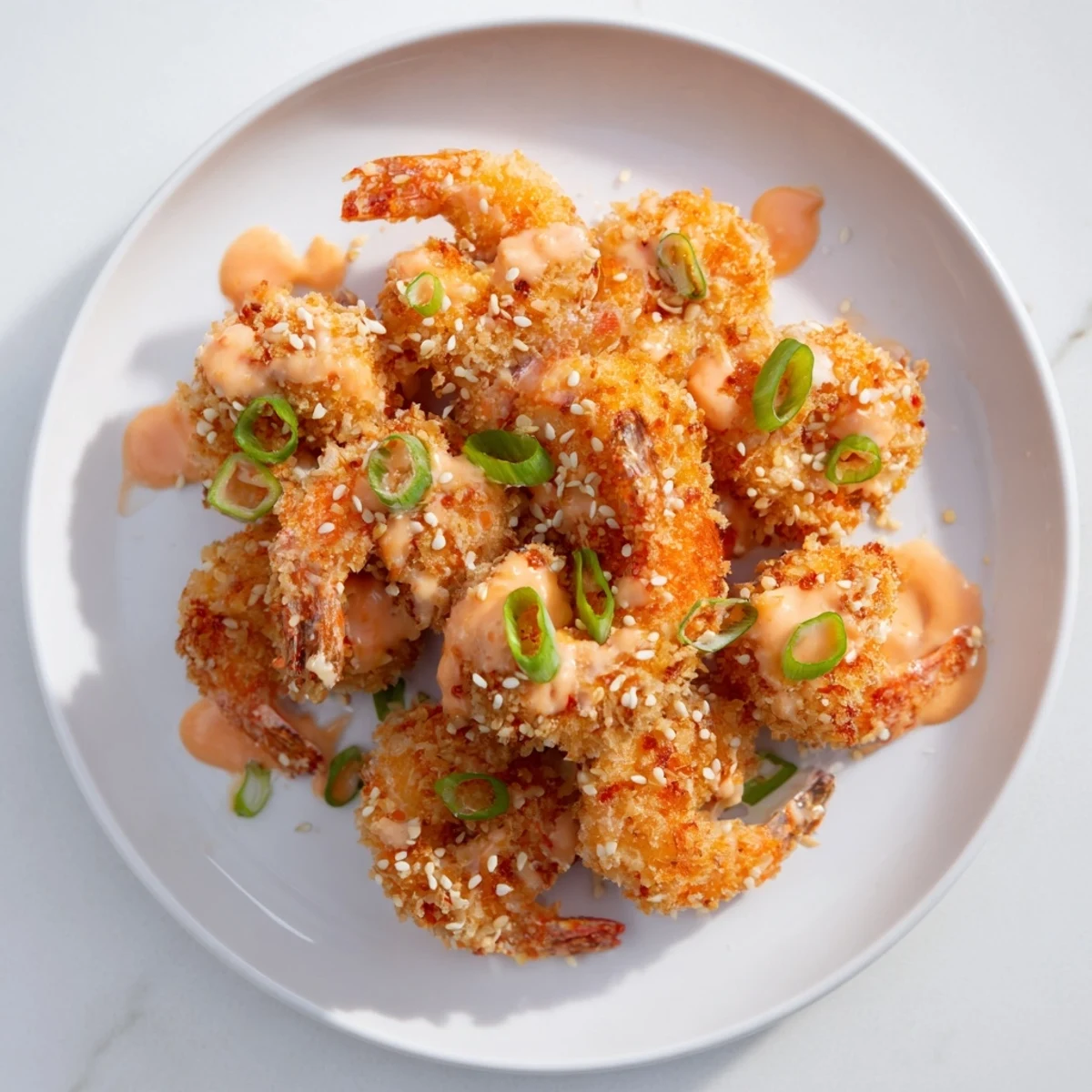 Golden crispy Bang Bang Shrimp coated in creamy spicy sauce and sprinkled with green onions