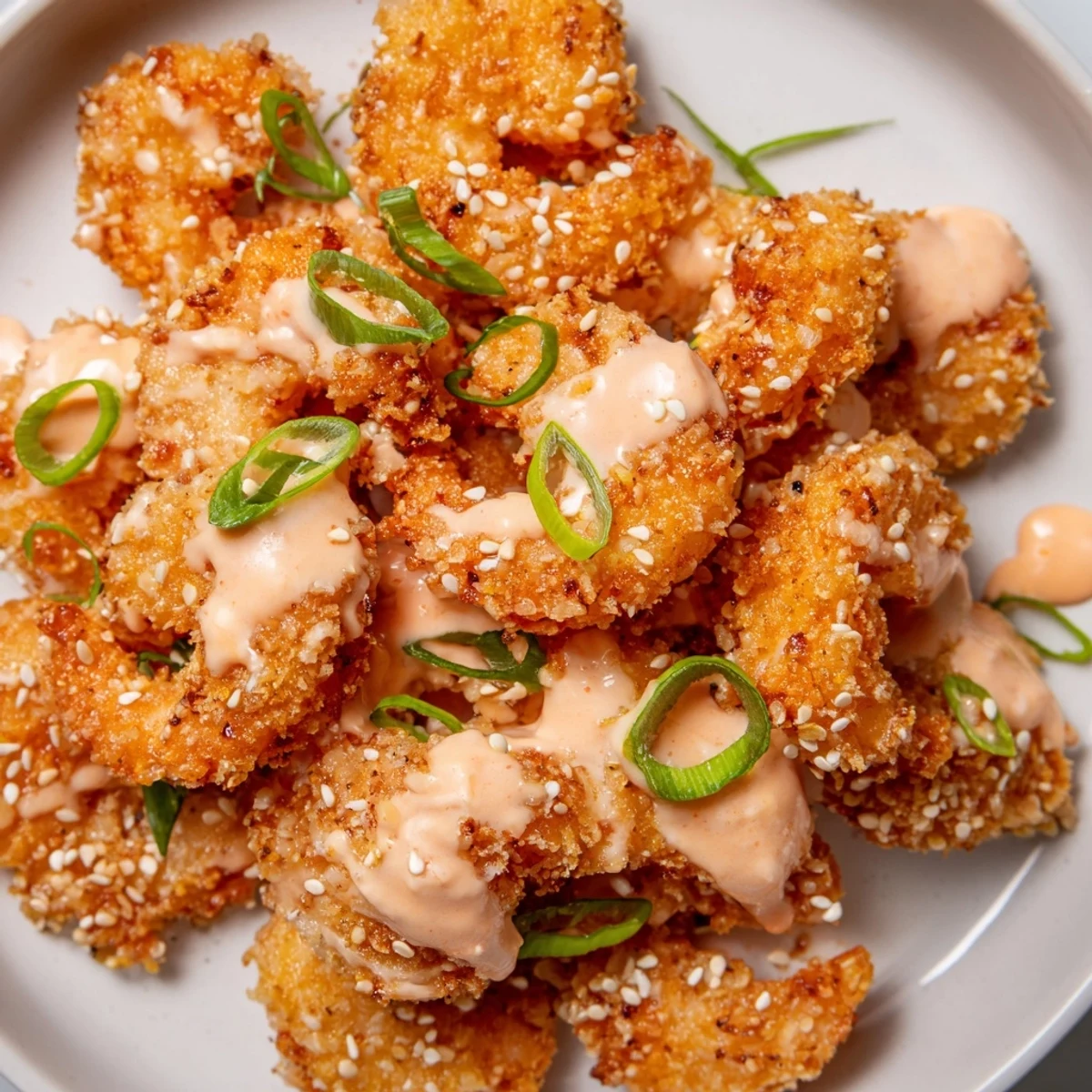 Crispy fried Bang Bang Shrimp drizzled with tangy creamy sauce and sesame seeds