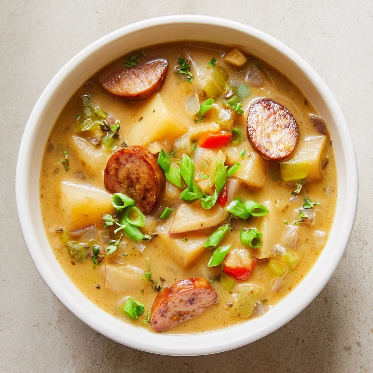 Hearty Cajun potato soup featuring tender potatoes, bell peppers, and sliced sausage garnished with fresh green onions