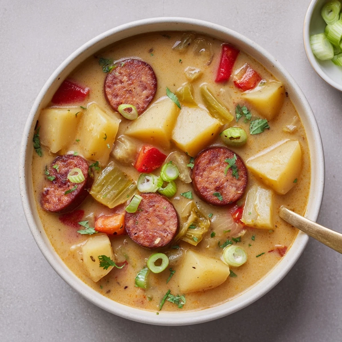Creamy Cajun potato soup with smoky Andouille sausage and colorful diced vegetables in a rustic bowl