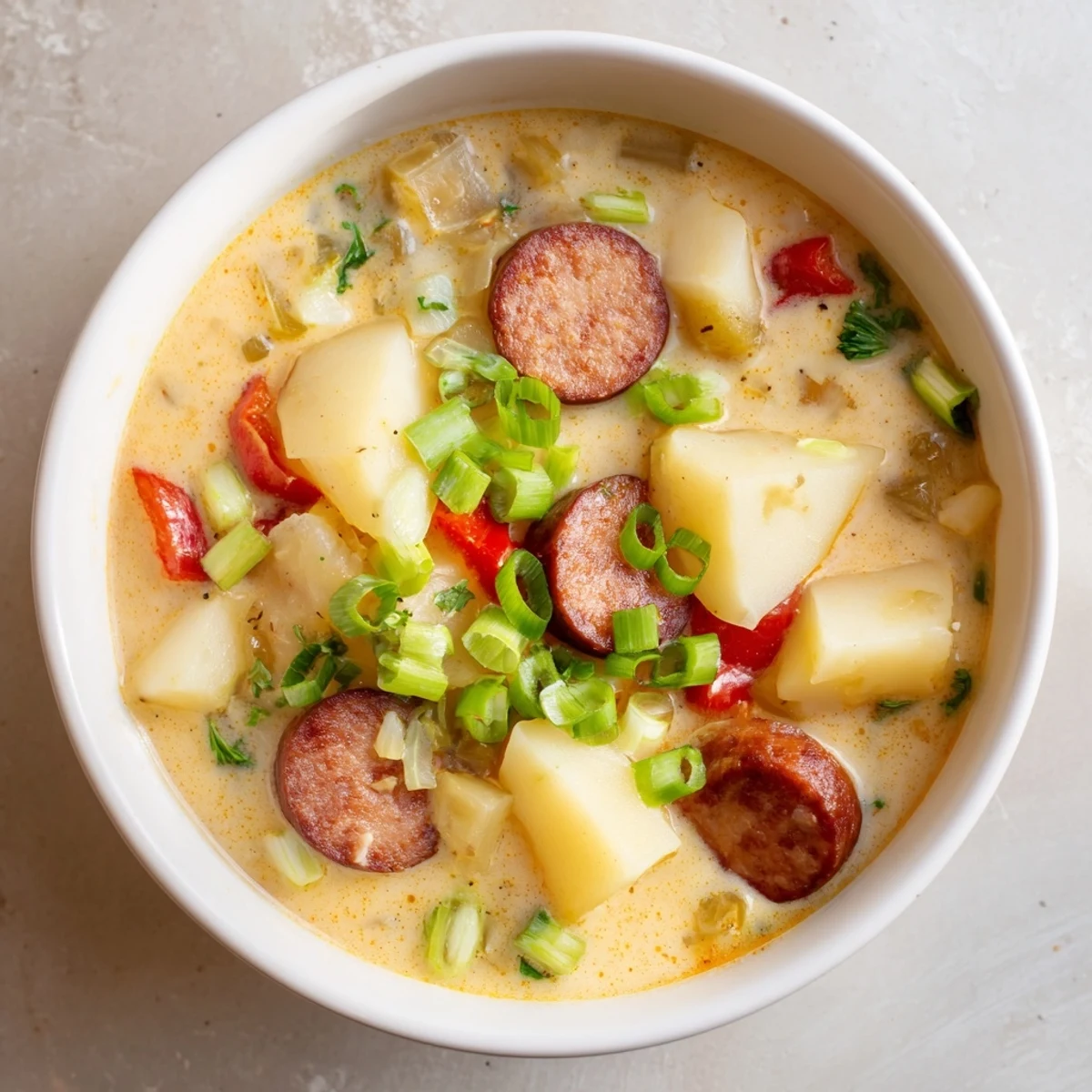 Steaming bowl of Cajun potato soup topped with parsley and served alongside crusty bread for a comforting meal