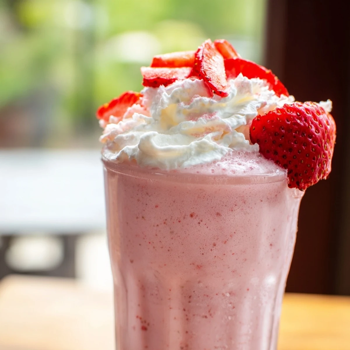 Tall glass of refreshing strawberry cream Frappuccino topped with whipped cream and fresh sliced strawberries